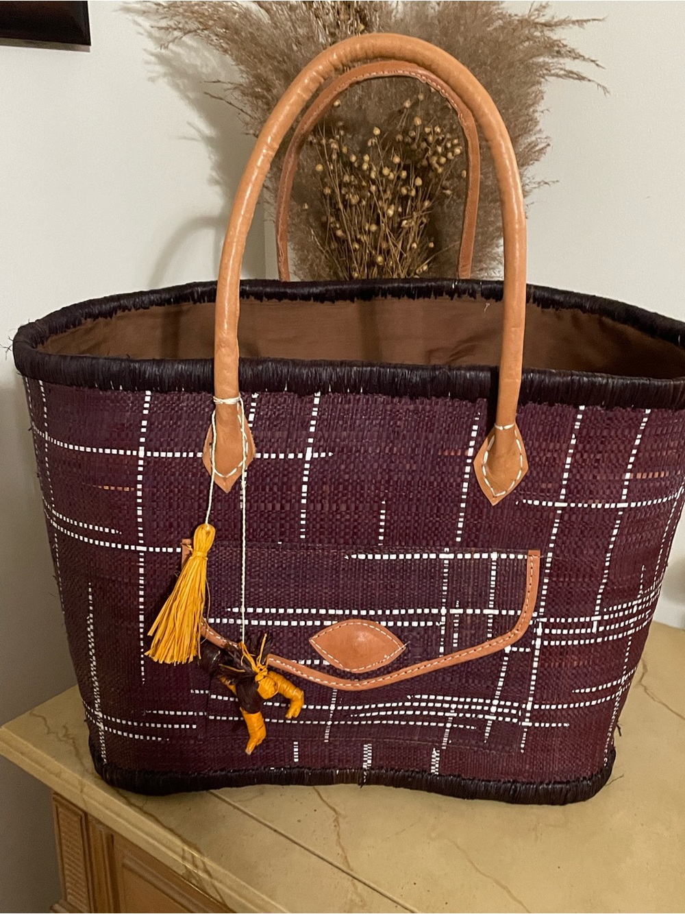 Le Comptoir de la Plage Woven Tote Bag with Leather Handles in Deep Plum